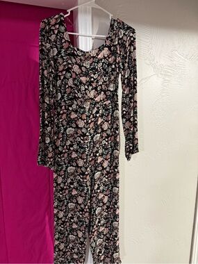 Black Floral Long-Sleeve Midi Dress with Pink and Cream Accents - ART CLASS